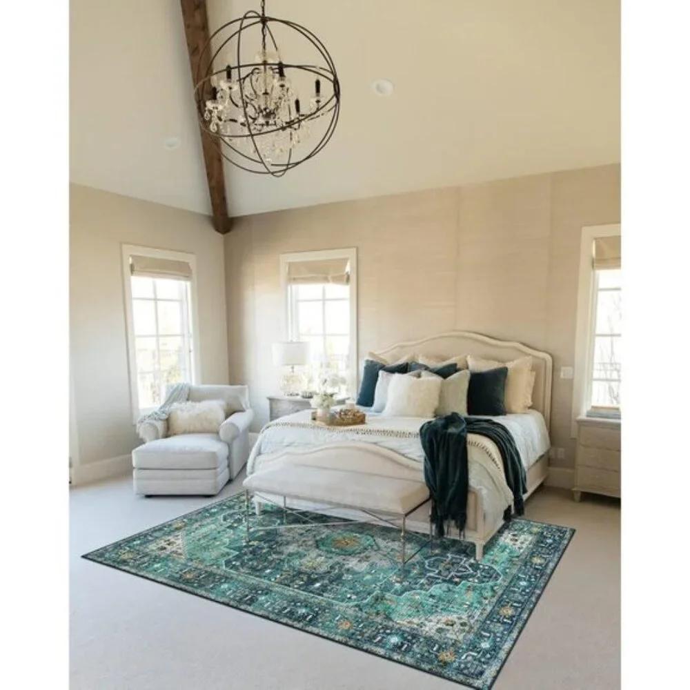 New 5x7 Teal Vintage Area Rug, Ultra-Thin, Washable, Non-Slip Medallion Carpet